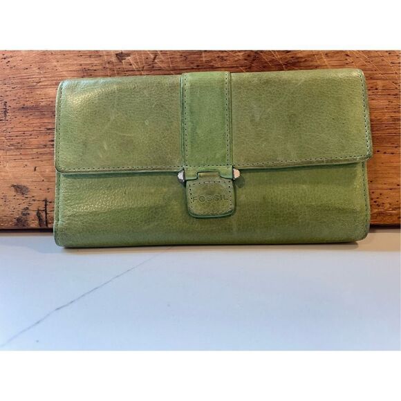 Fossil Vintage Trifold Green Leather Wallet Checkbook Pocket Pen ID Pocket - Picture 1 of 8